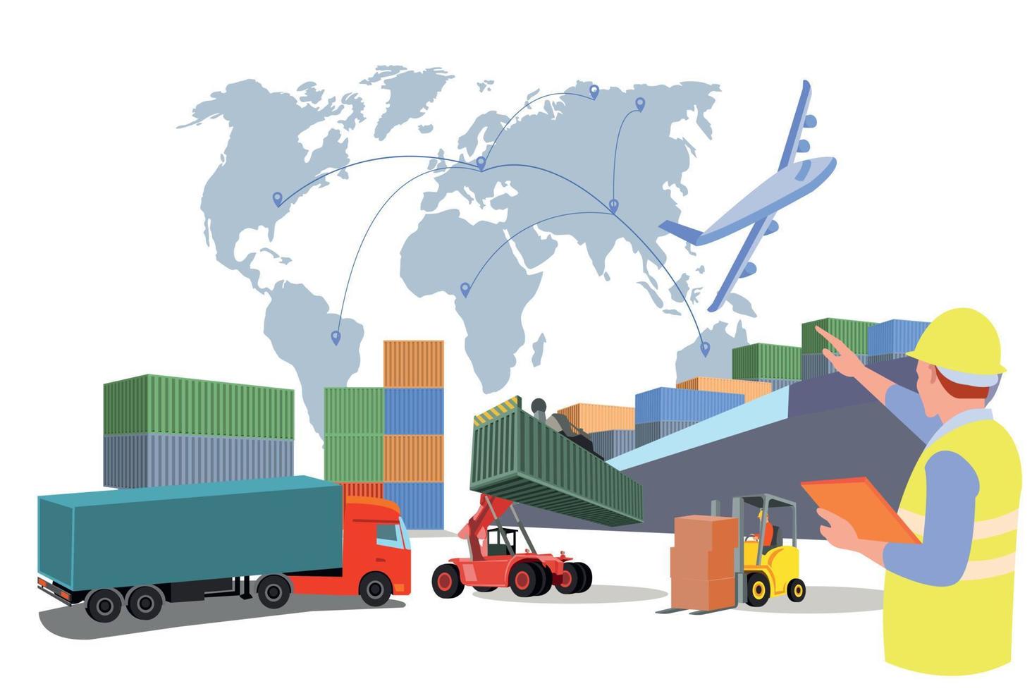 Logistics and shipping of container truck at ship port for business Container Cargo ship and cargo plane with crane bridge working at shipyard at sunrise, logistics import export and shipping vector