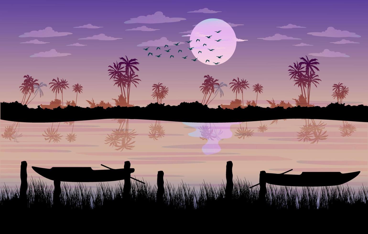 pueblo paisaje agua luz de la luna libre de fondo, fondo de paisaje nocturno, árbol en el lago, hermoso paisaje suburbano oscuro vector