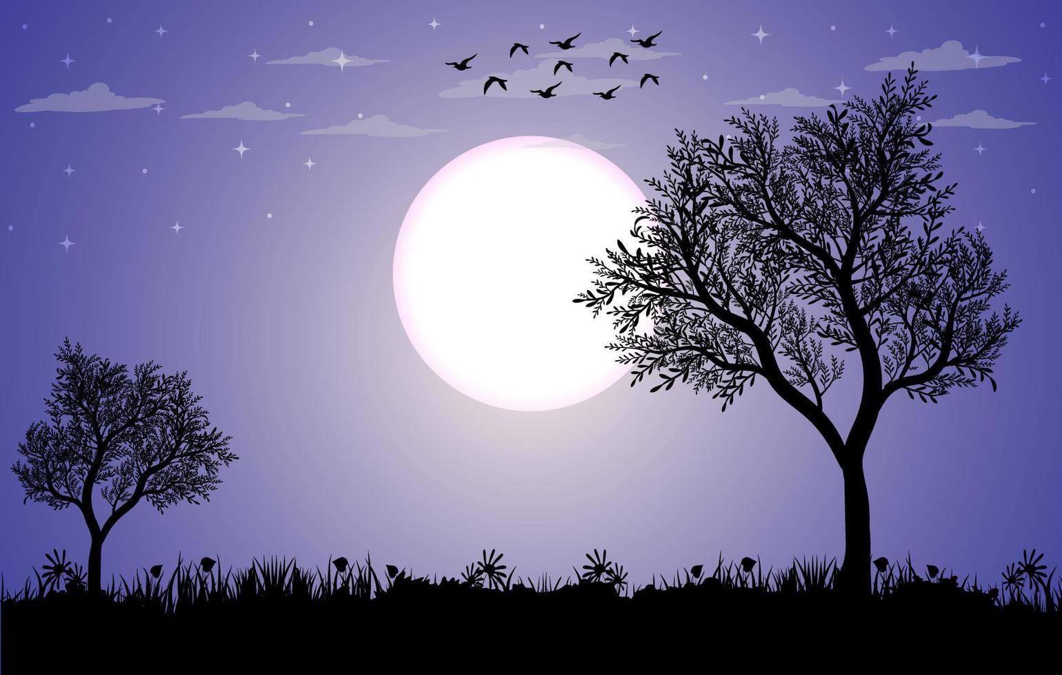 Beautiful Moonlight Scenery background free, Scenery vector illustration, Moonlight Scenery with stars on the night sky, beautiful Midnight background