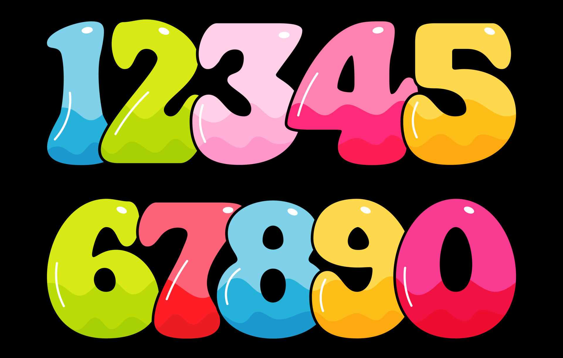 Funny hand drawn set of cartoon styled font colorful numbers one