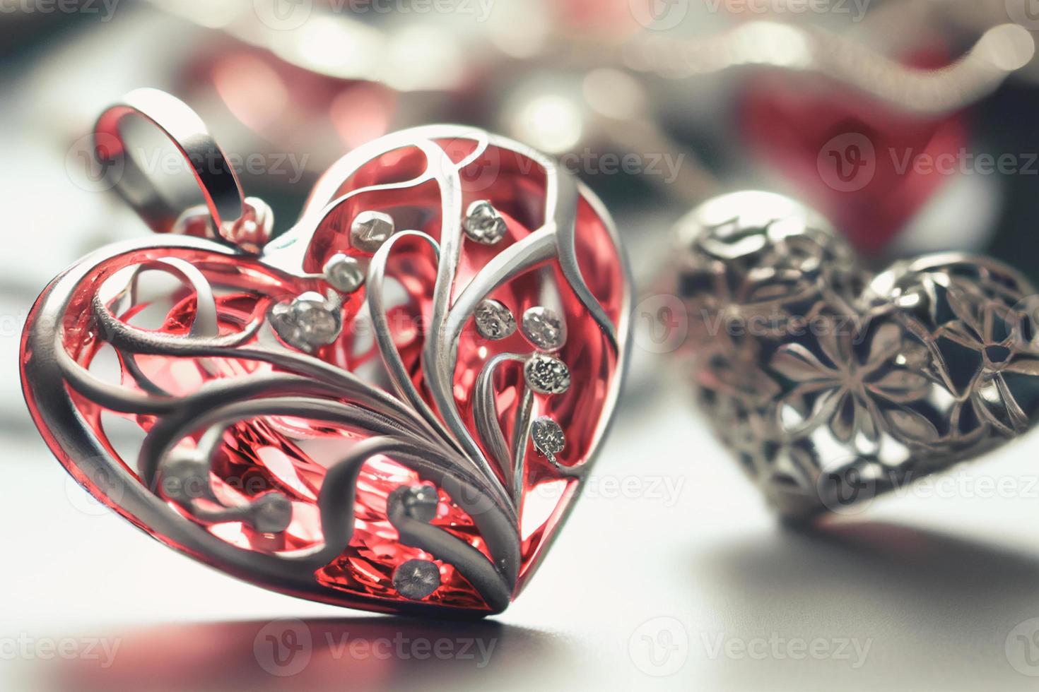 Close up shot of heart jewelry for Valentine's Day background with copy space. Gift ideas for Valentine. photo