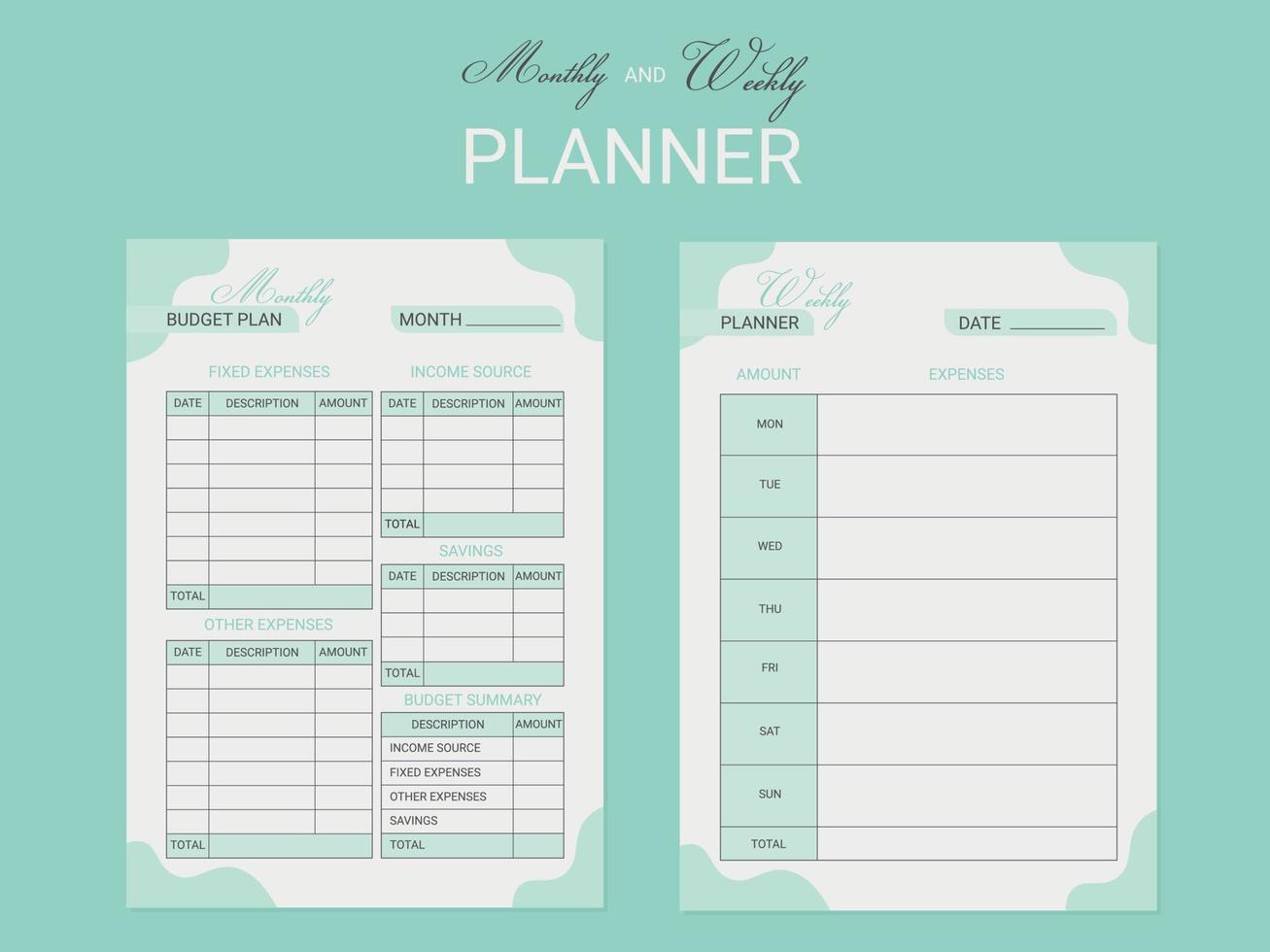 Monthly and weekly budget planner template. Planning concept. Organizer for agenda. vector