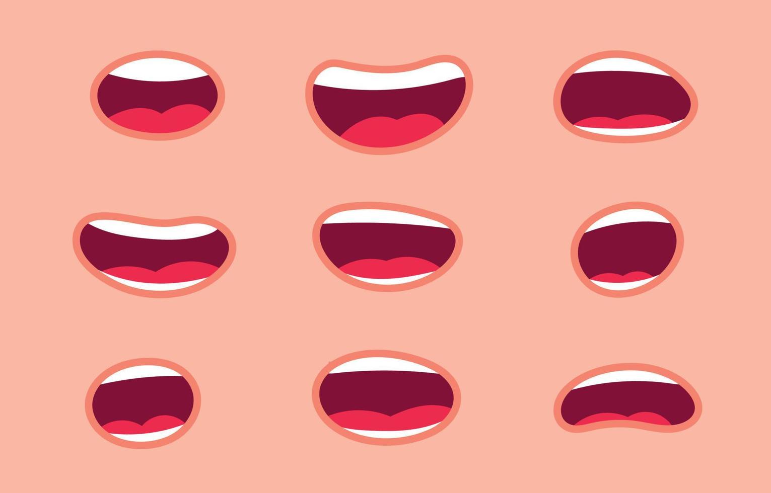 Big set of animation funny cartoon mouths with different expressions and emotions smile, angry, laugh, surprised. vector