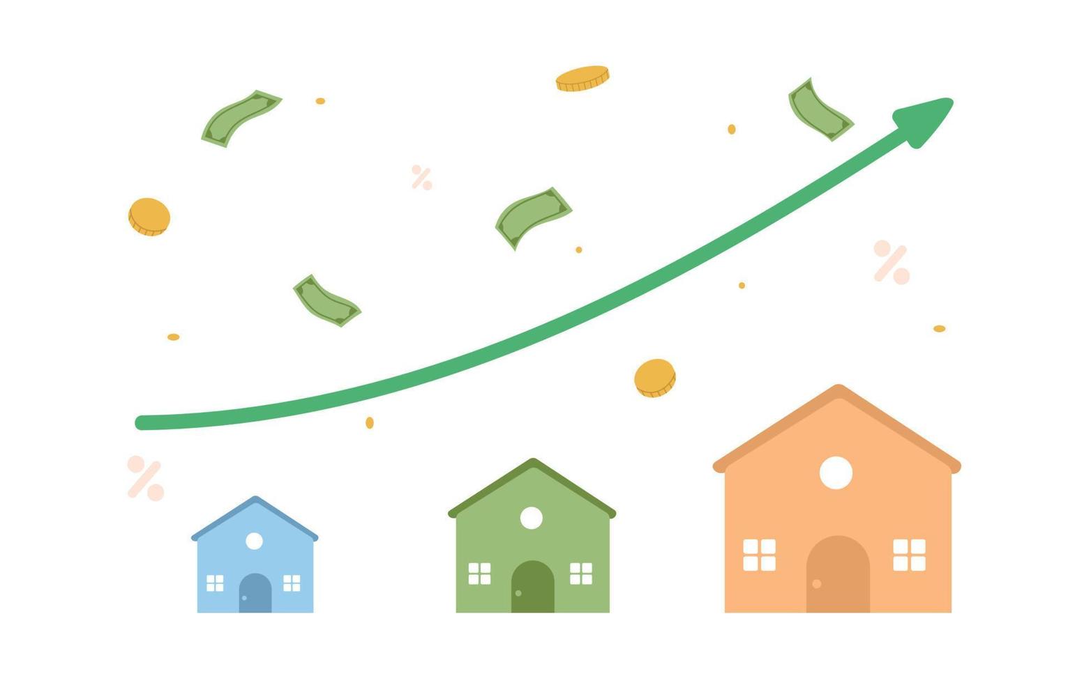 Property search concept. House price rising up, real estate investment or property growth concept, House with arrow graph up. vector