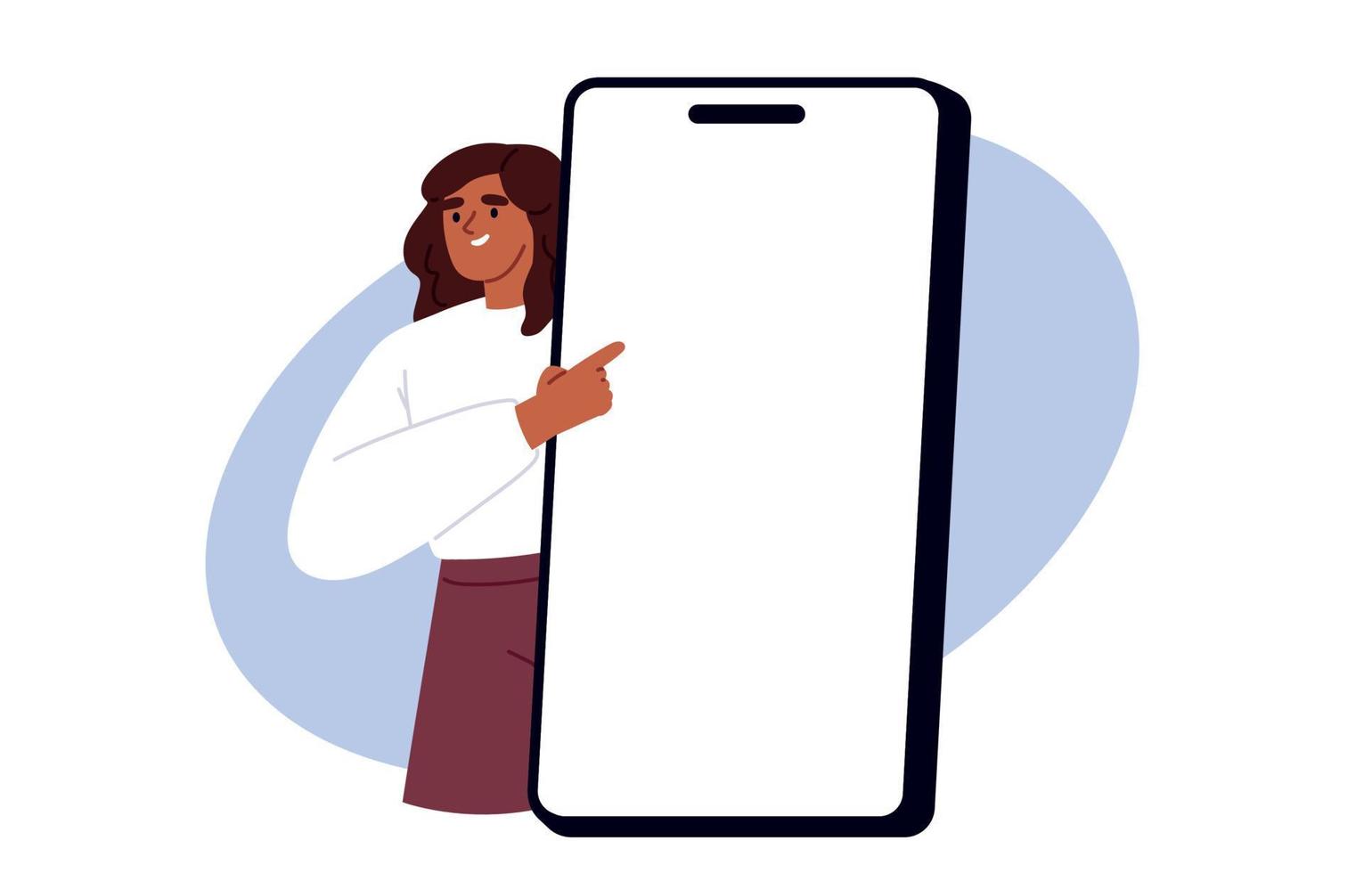 Connection concept. Man and woman use phone. Happy people holding mobile for advertisement. Vector promotional smartphone illustration