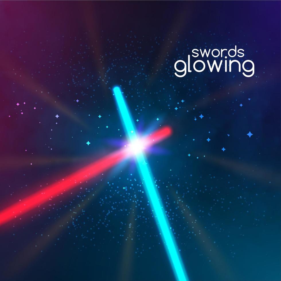 Crossed light swords on black background. Weapon futuristic from star war. Realistic bright laser halogen beams set. Vector illustration, design elements for your projects.