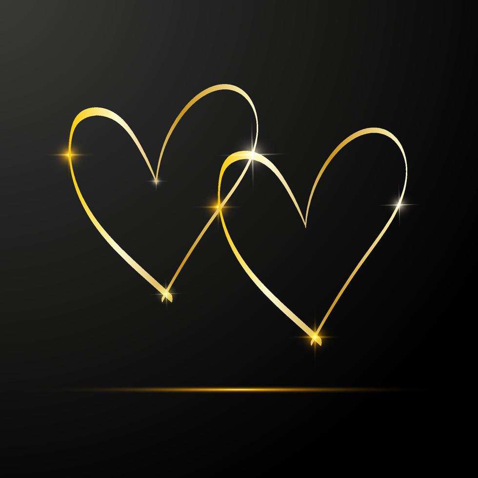 Happy Valentines day vector greeting card with two gold hearts on black background. Concept for golden Valentines postcard, poster, banner, flyer, invitation, jewelry gift card