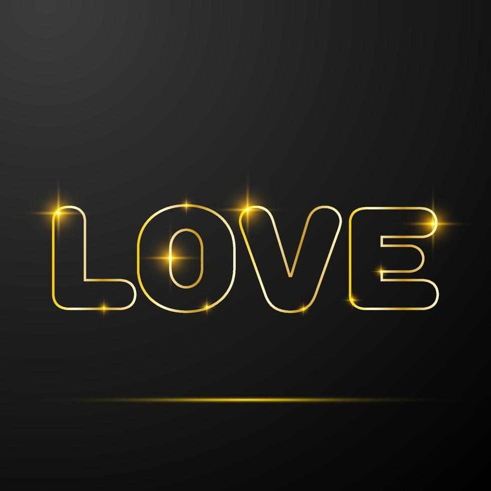 Gold line text love on black background. Happy Valentines day vector greeting card. Concept for golden Valentines postcard, poster, banner, flyer, invitation, jewelry gift card