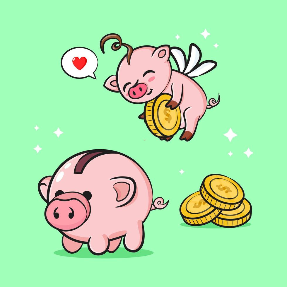 Cute pig, money box, money and stack of coins, saving money, business icon isolated on green background vector