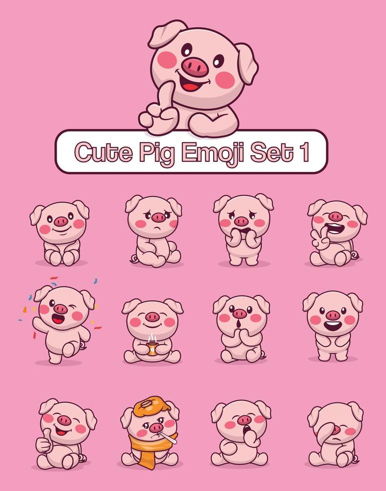 Set of cute pig characters with different emoticons vector