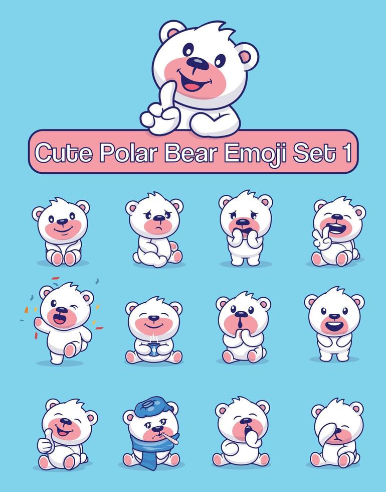 Set of cute polar bear characters with different emoticons vector