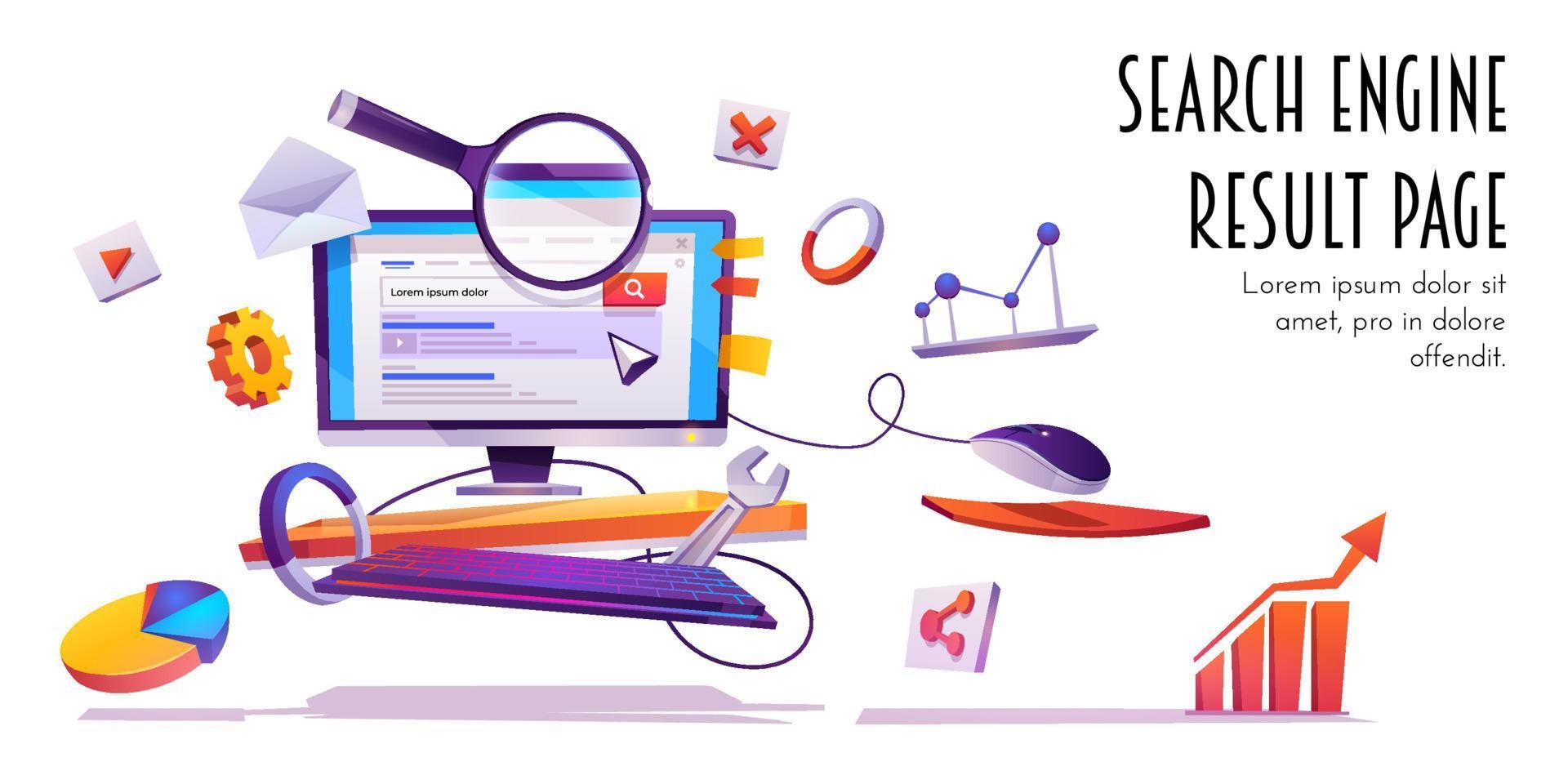 Search engine result page, SERP cartoon banner. vector