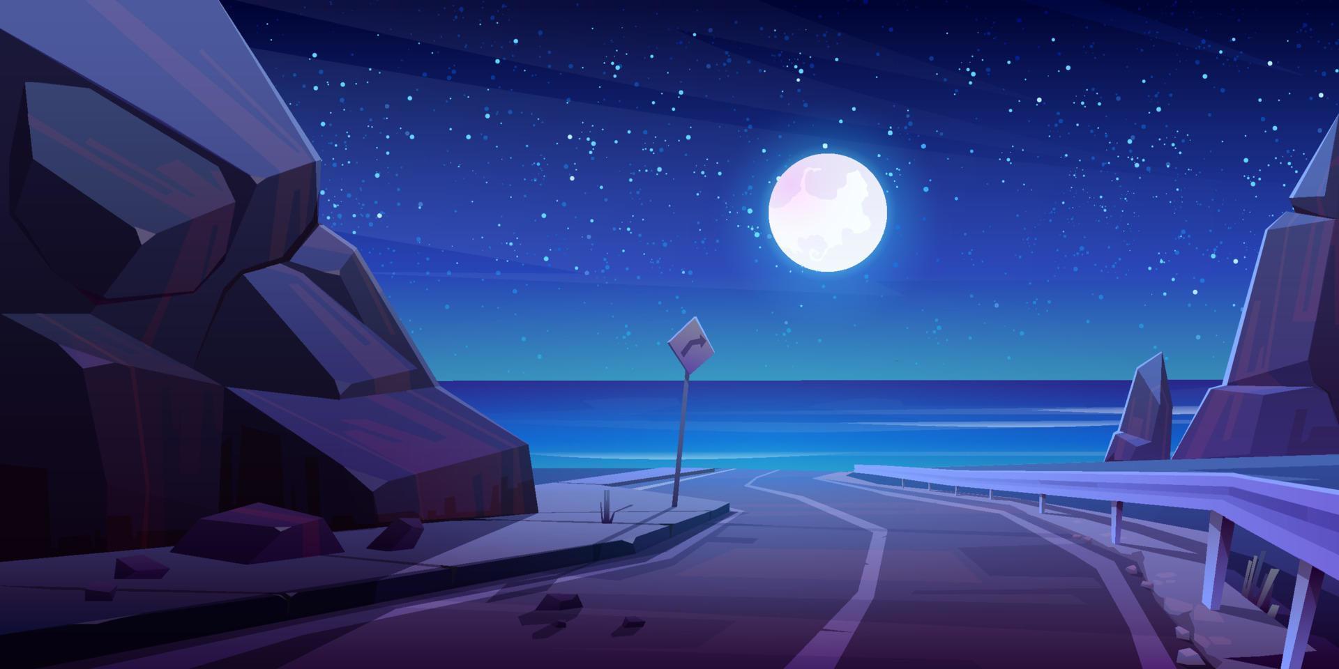 Mountain road with night seaview, empty highway vector