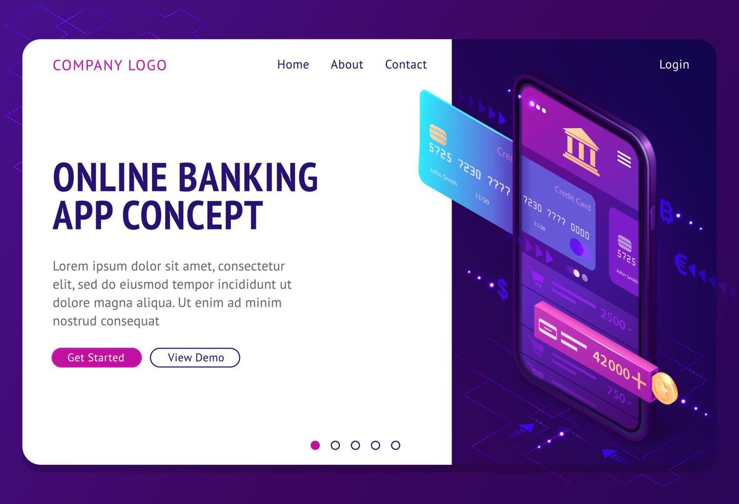 Online banking app isometric landing page, banner vector