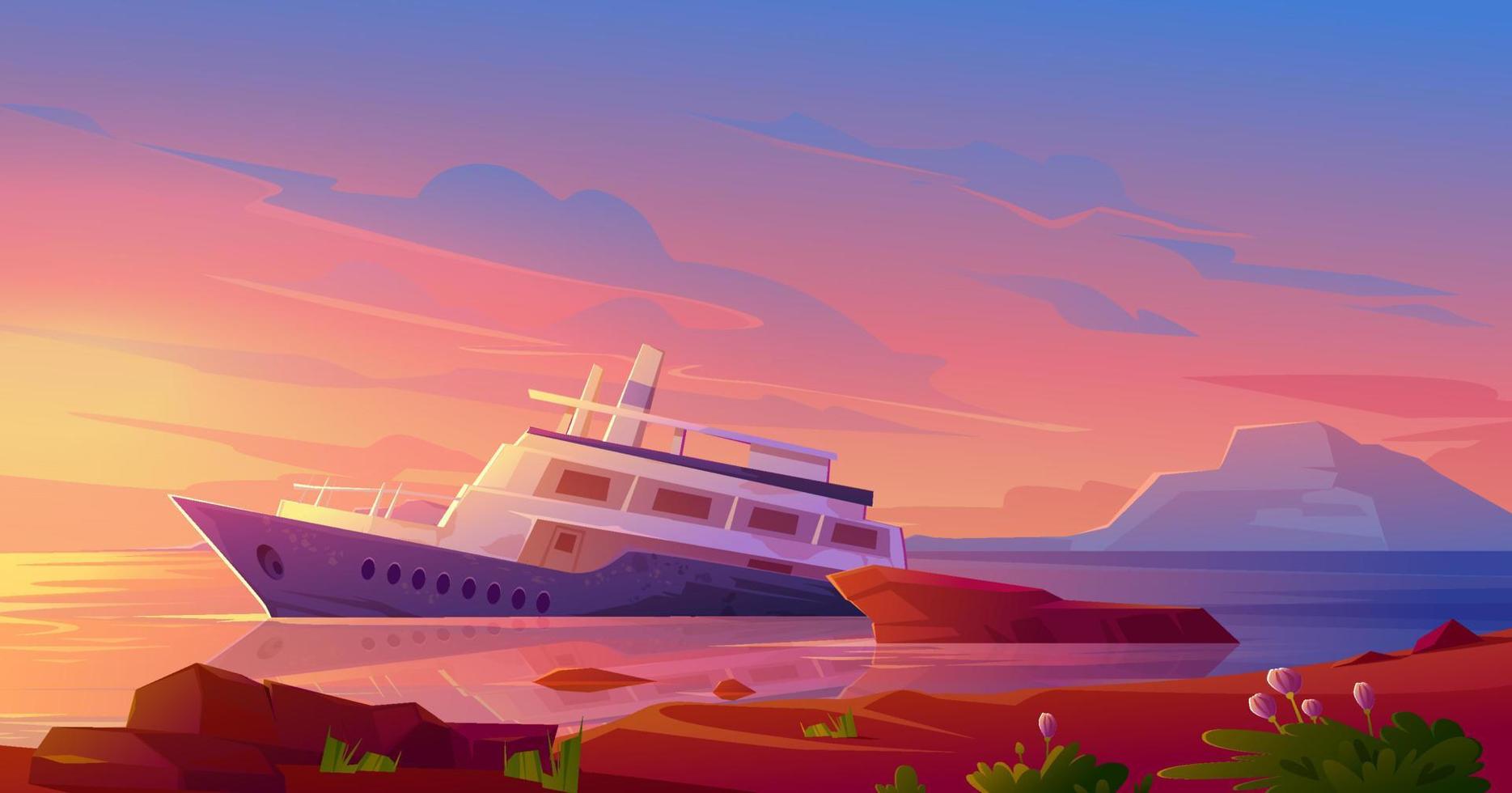 Sunken cruise ship in ocean harbor at sunset vector