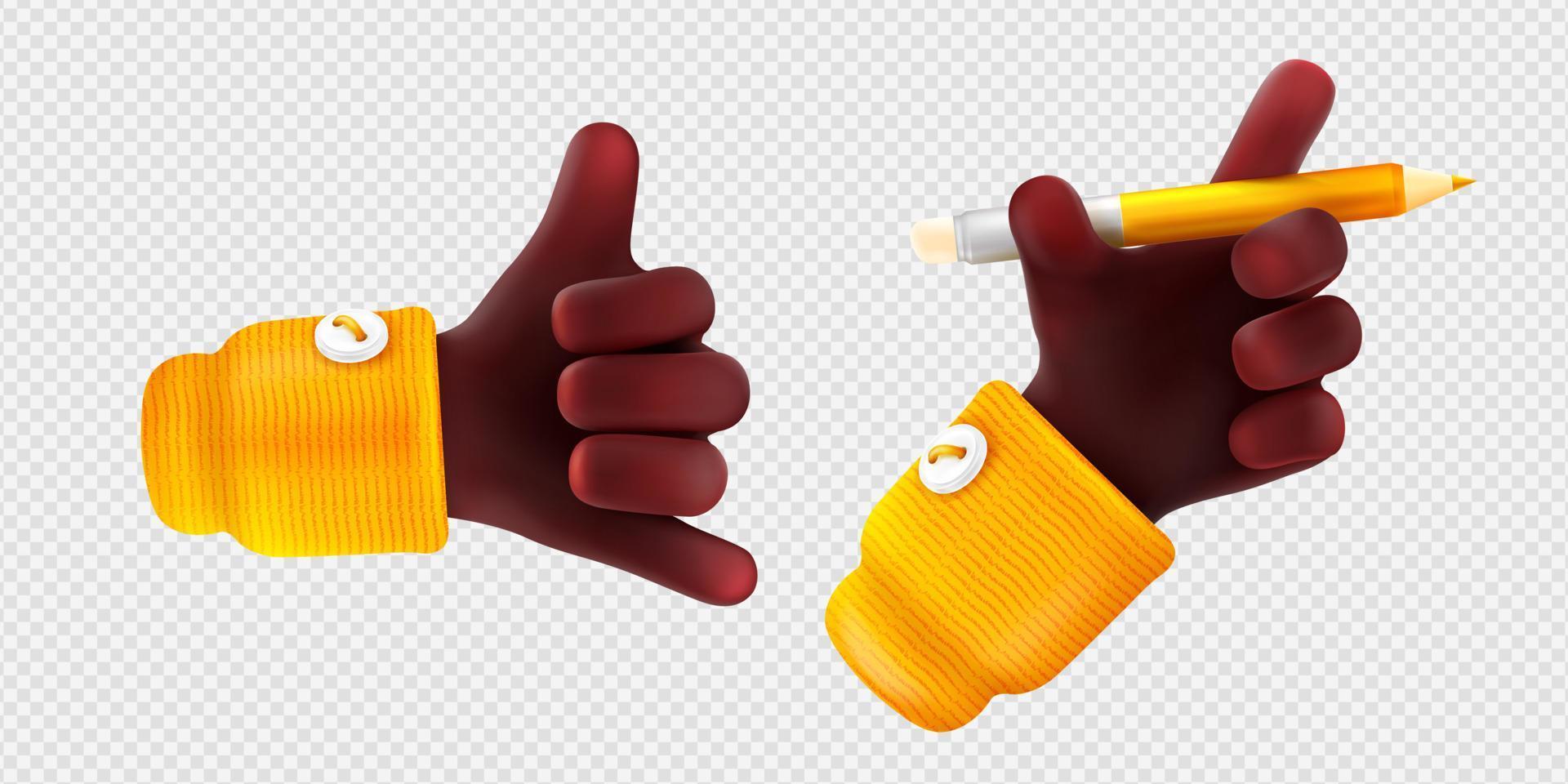 3d render mano negra shaka y palma sosteniendo lápiz vector