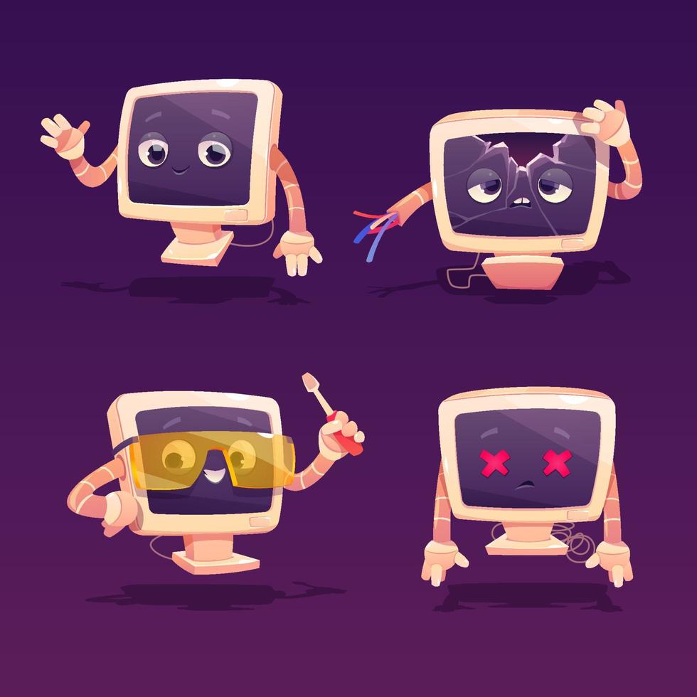 Computer repair. Cute pc desktop broken character vector