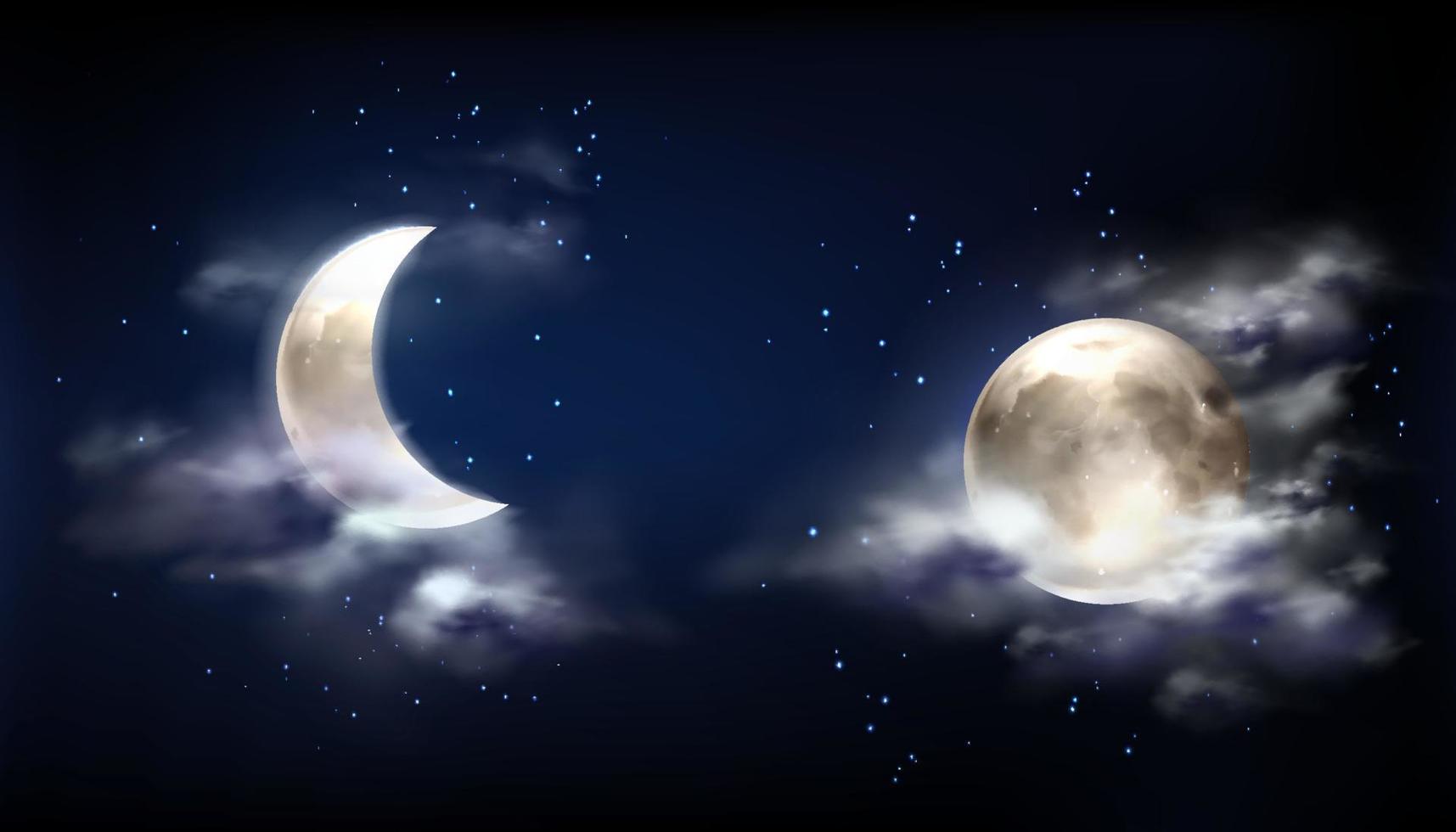 luna llena y media luna en el cielo nocturno con nubes vector
