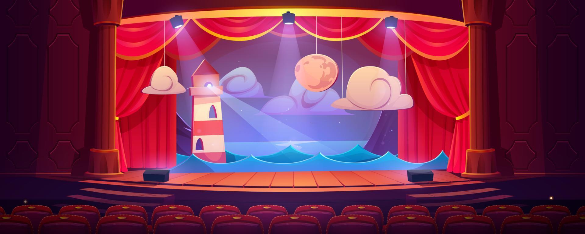 Theater stage with red curtains, seats and decor vector