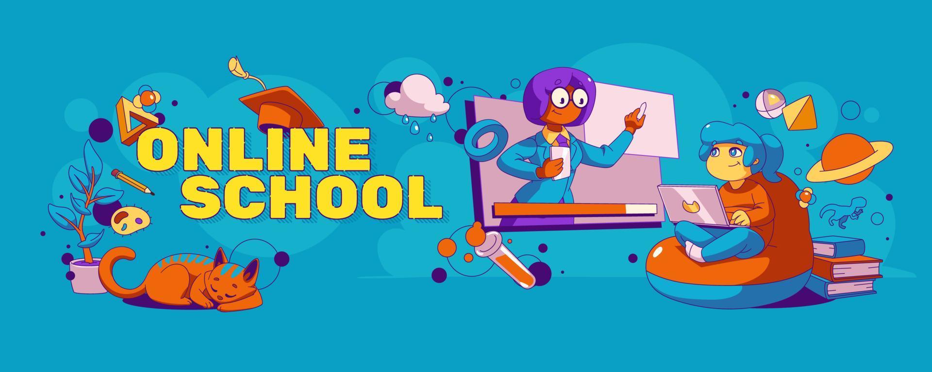 Online school banner with girl student and teacher vector