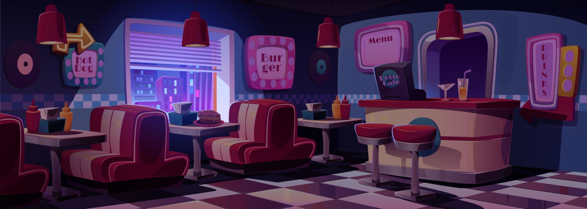 Dark retro cafe interior at night vector