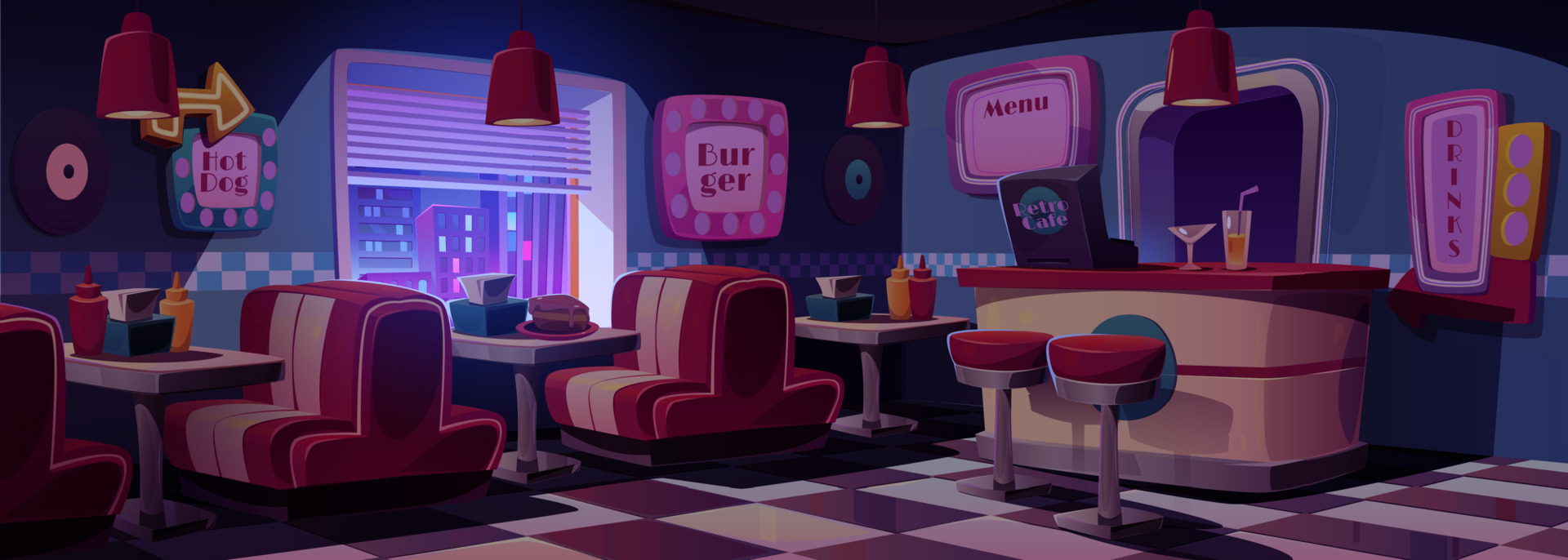 Dark retro cafe interior at night 16961933 Vector Art at Vecteezy