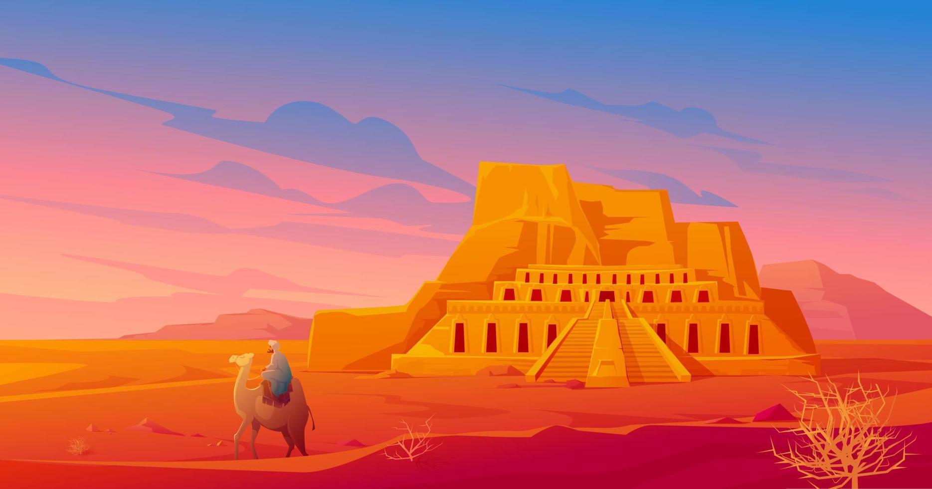 desierto de egipto con templo de hatshepsut y camello vector