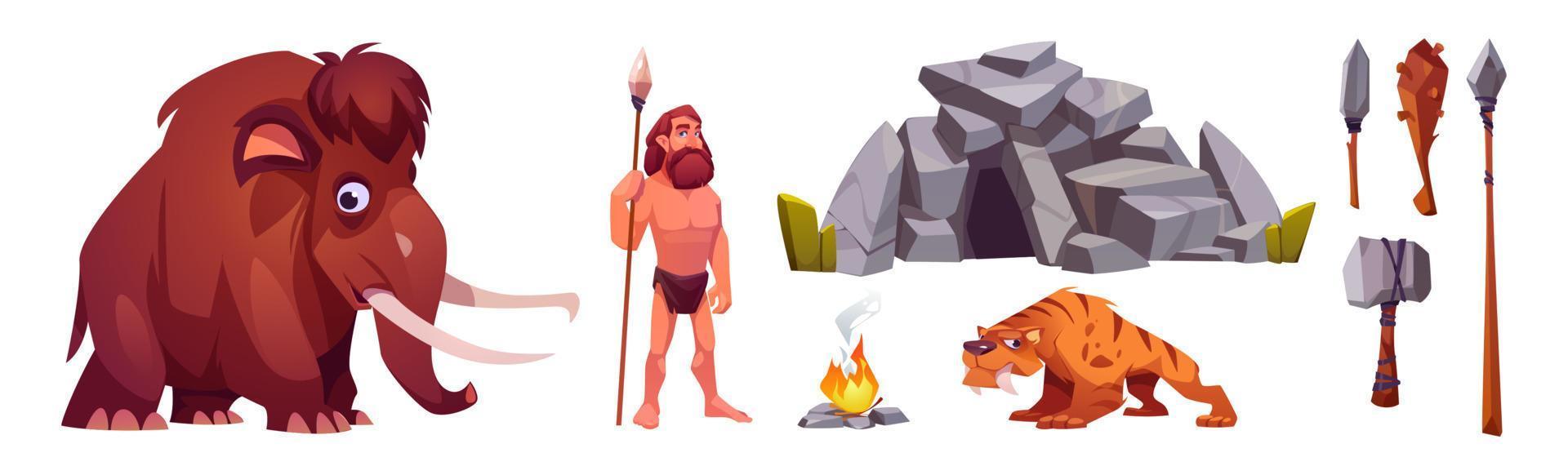 Cave man prehistoric primitive person in stone age vector