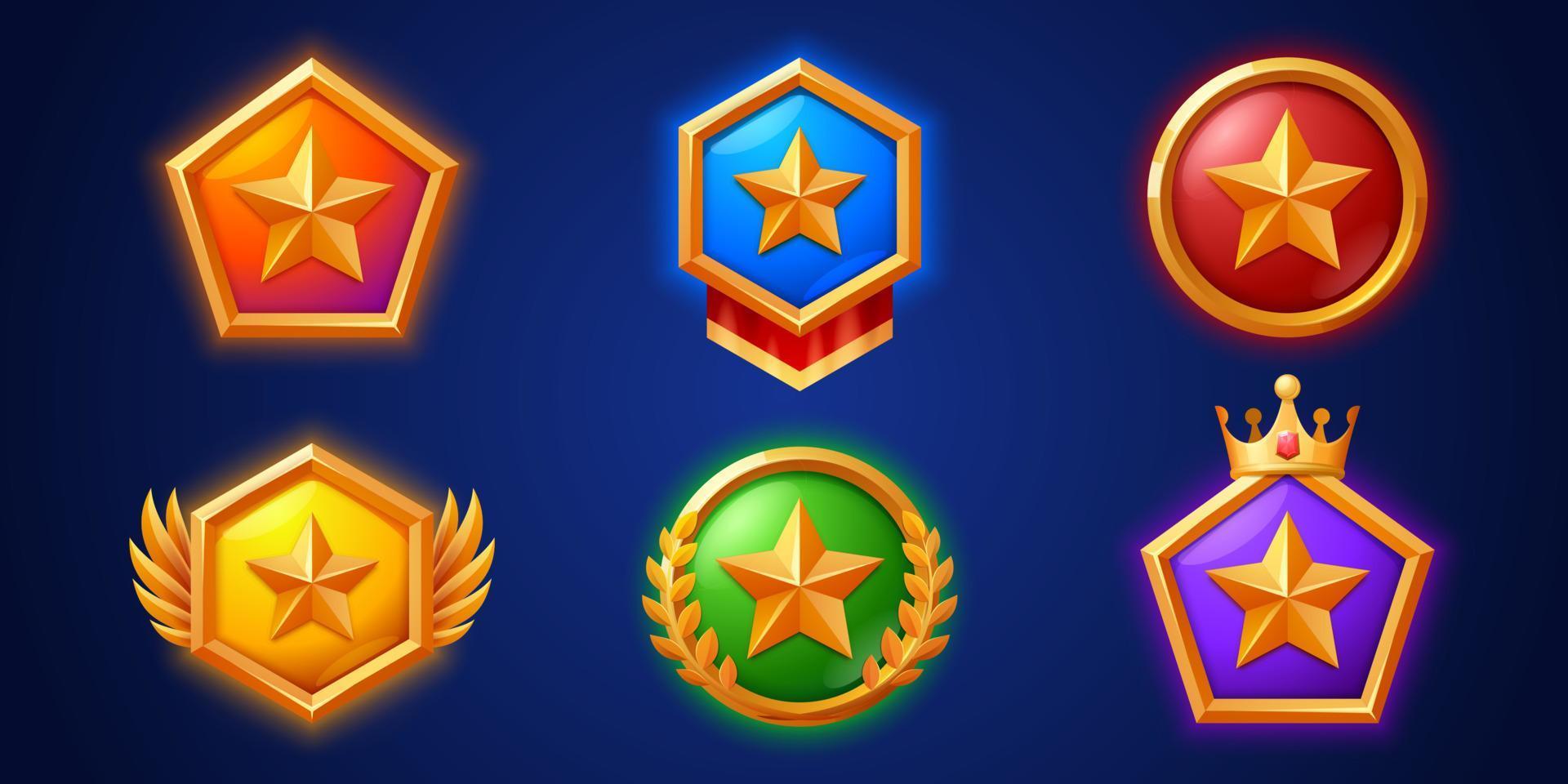 Game level icons, medals, stars, ui badges, trophy vector