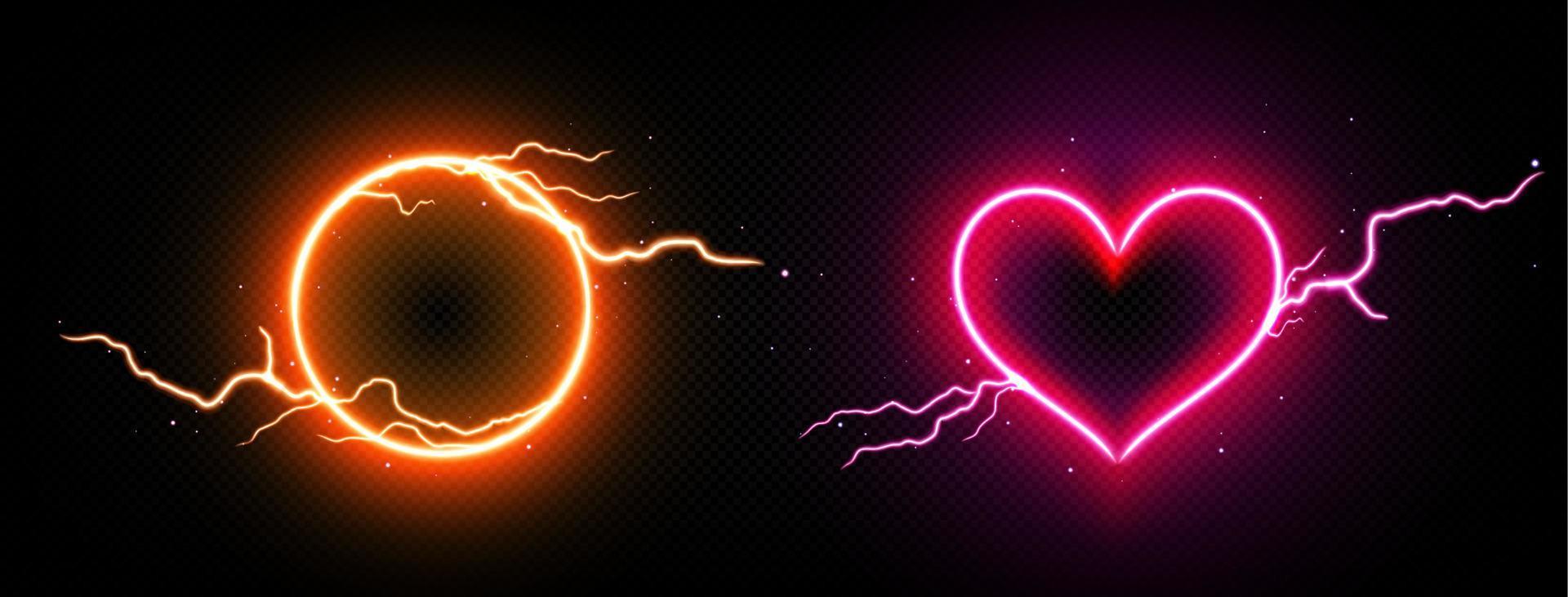 Lightning neon frames, round and heart borders vector