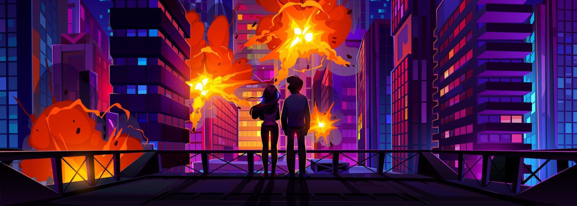Silhouettes of couple watching explosions in city vector