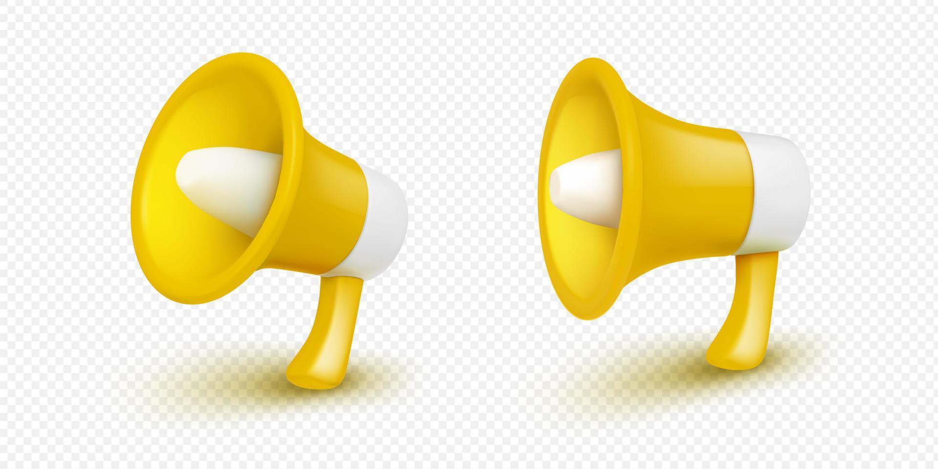 Set of yellow 3D megaphone angle and side view vector