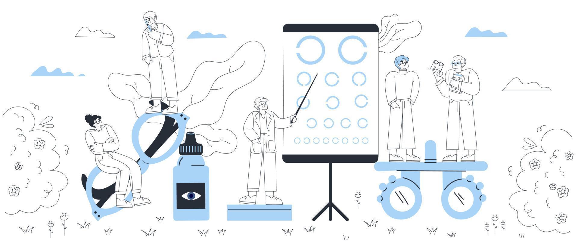 Ophthalmology doodle concept with optometrists vector