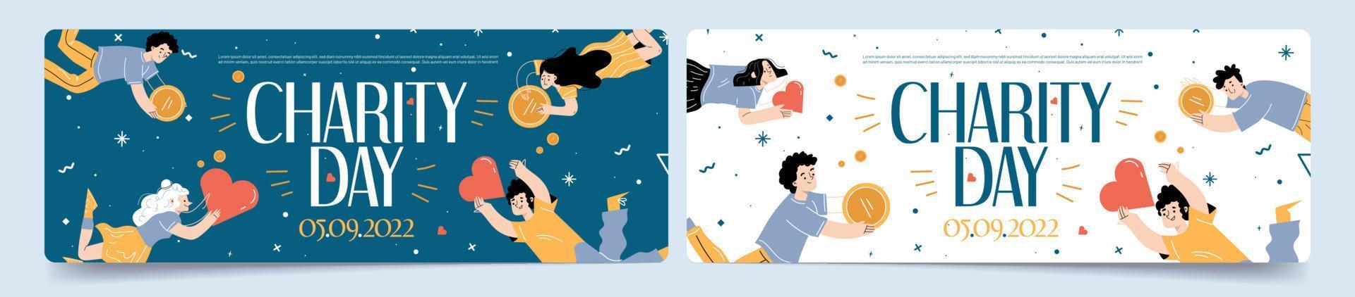 Charity day posters with people donate money vector