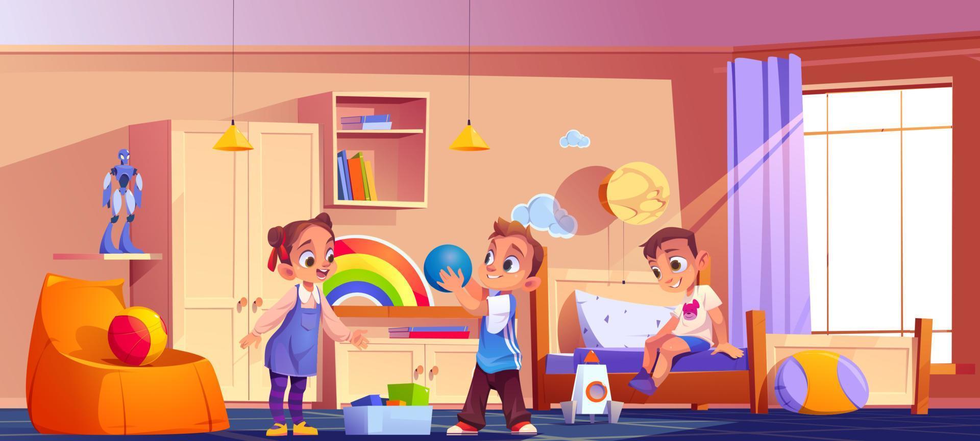 Kids playing in room, children at home interior vector