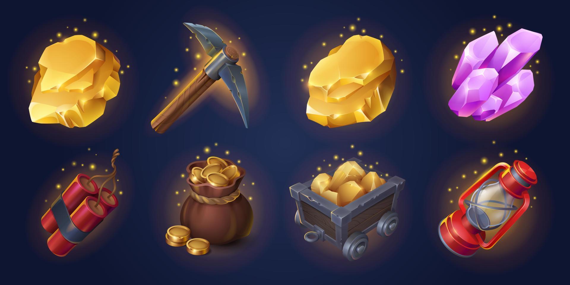 Game mining props icons, assets, mine items set vector