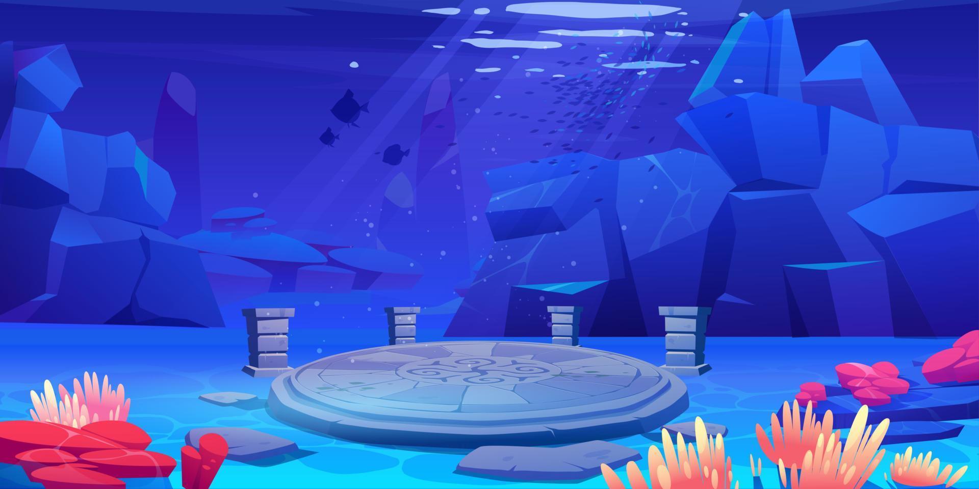 Ancient ruins with stone altar underwater in sea vector