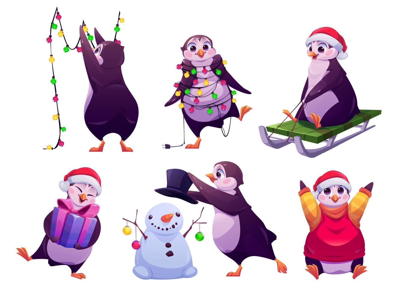 Christmas penguin, cute animal isolated vector set