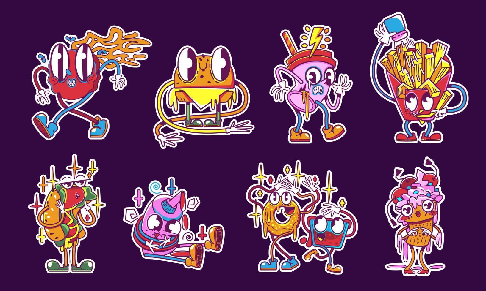 Retro sticker fast food y2k different personages vector