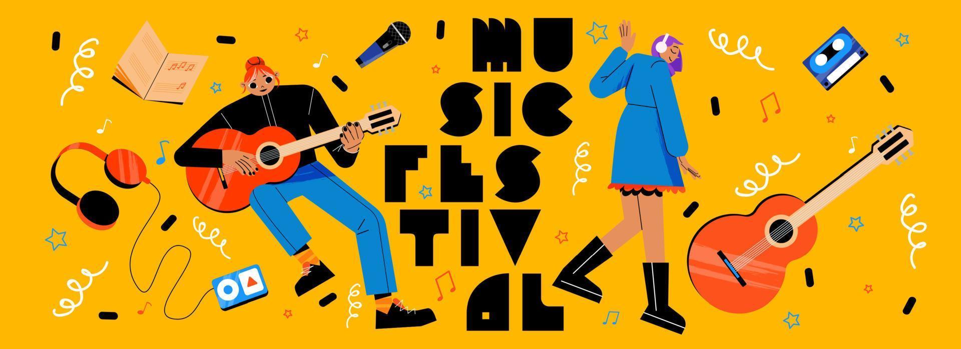 cartel del festival de música con chica con guitarra vector