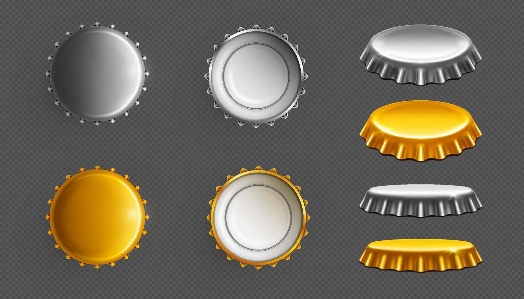 Beer bottle caps, gold and silver lids for glass vector