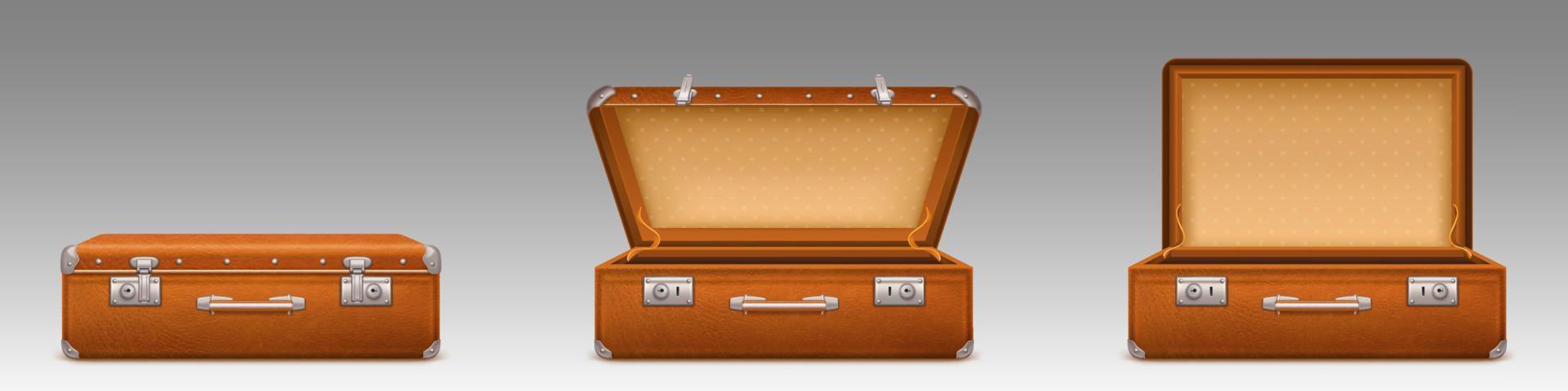 Vintage suitcase, open and closed briefcase vector