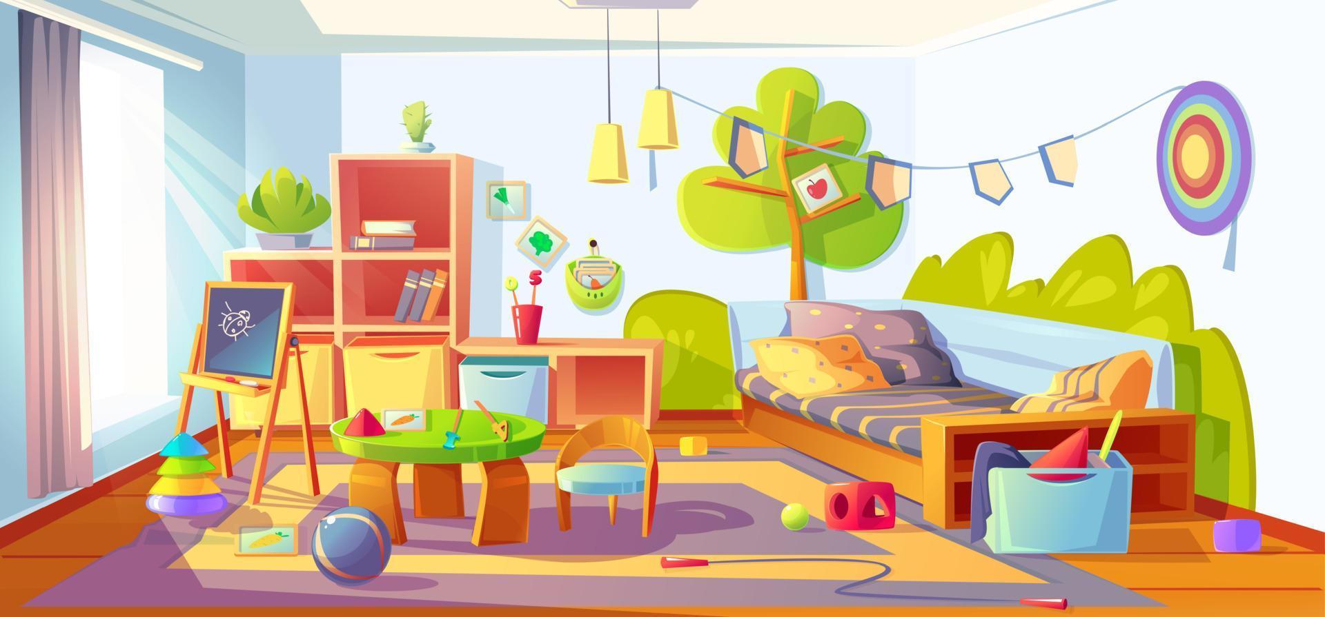 Mess in kids room, messy child bedroom interior vector