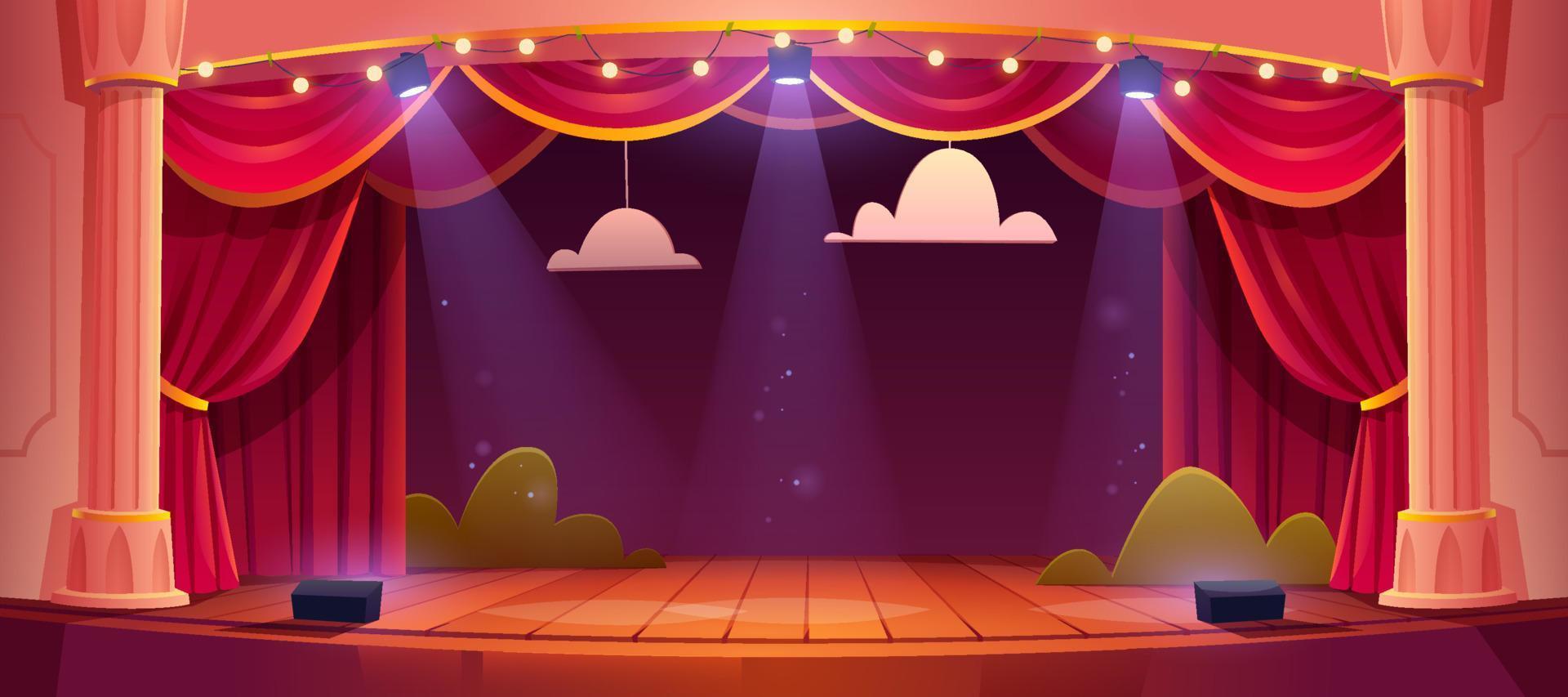 escenario de teatro de dibujos animados de vector con cortinas rojas