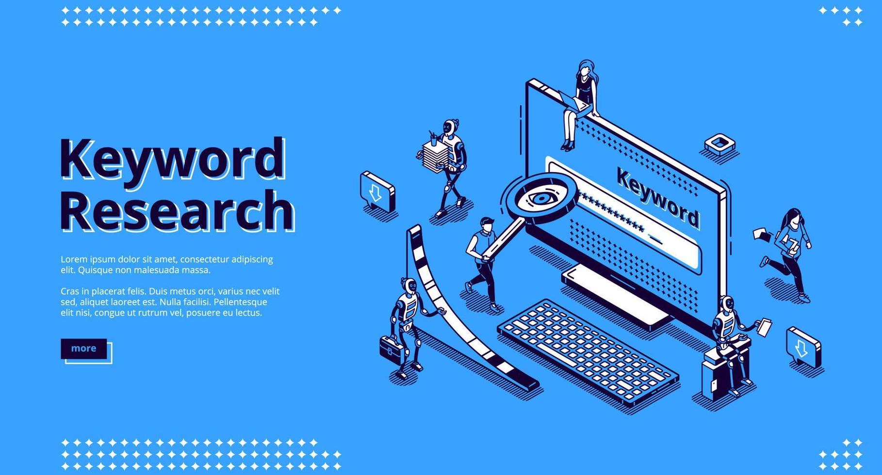 Keyword research seo tool isometric landing page vector