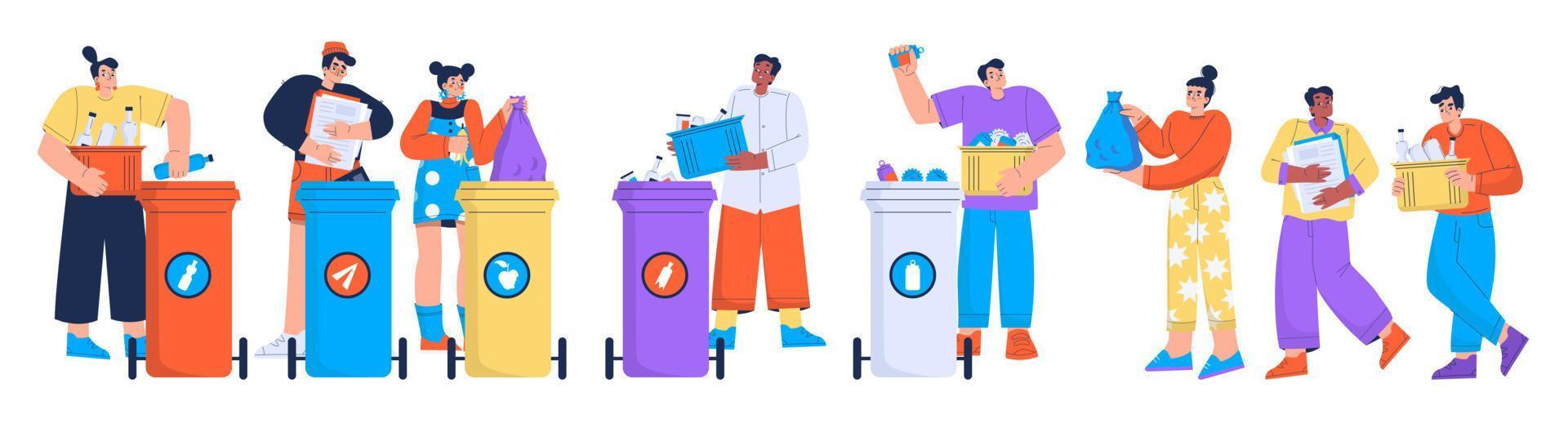 Waste segregation with people sorting trash vector