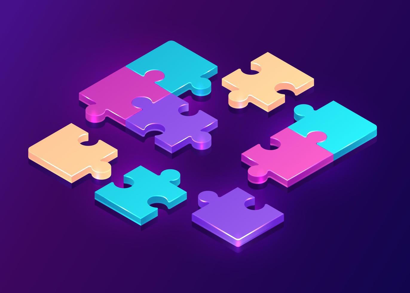 Isometric puzzle pieces on purple background vector