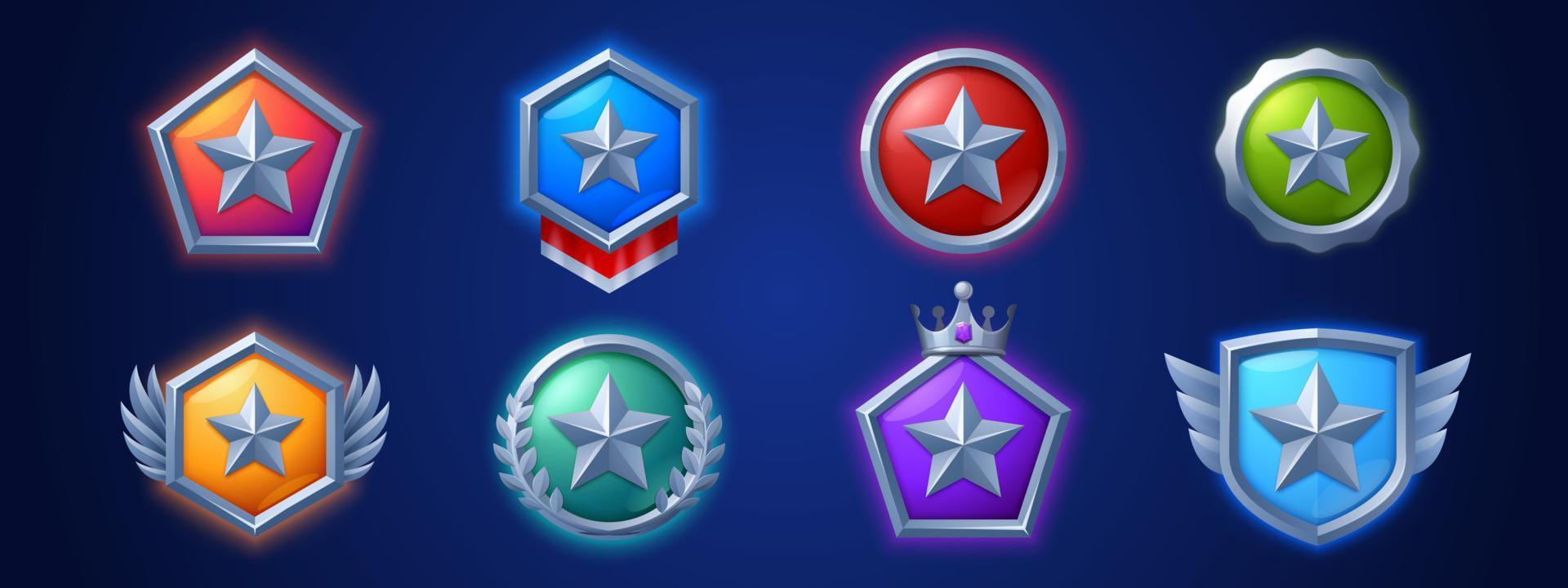 Game level icons, medals, stars, ui badges, trophy vector