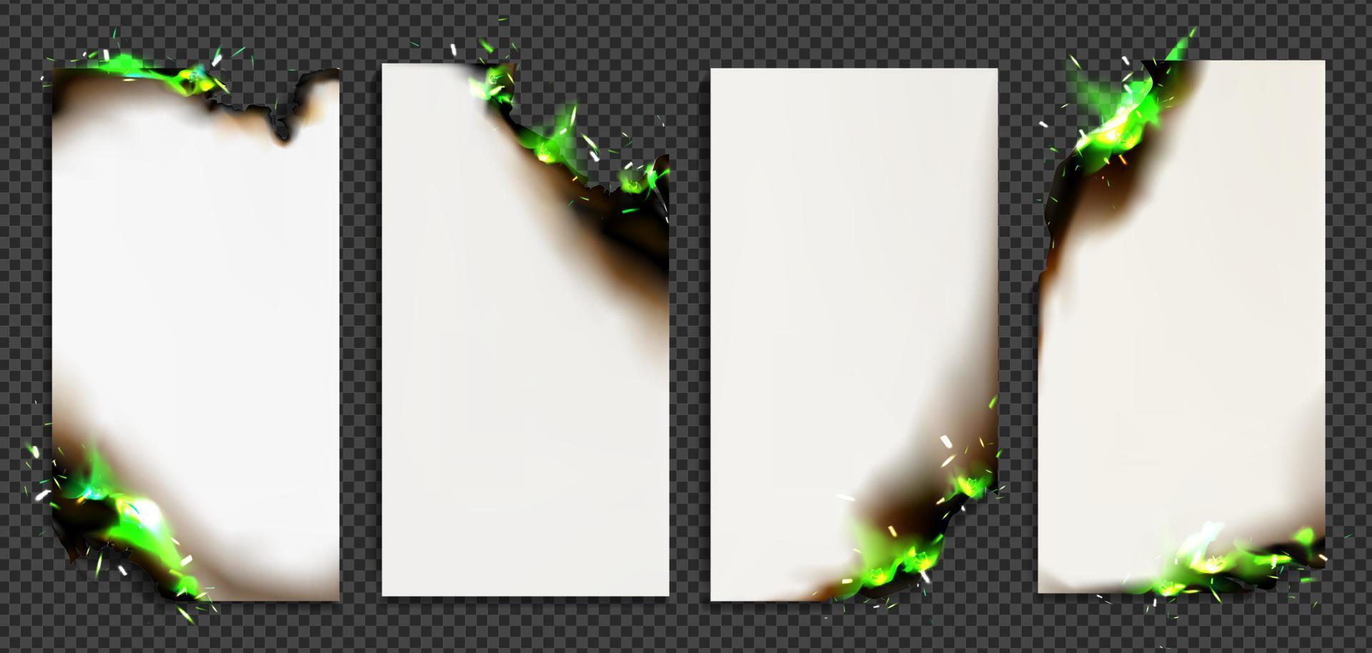 Realistic burning paper sheets set on dark background vector