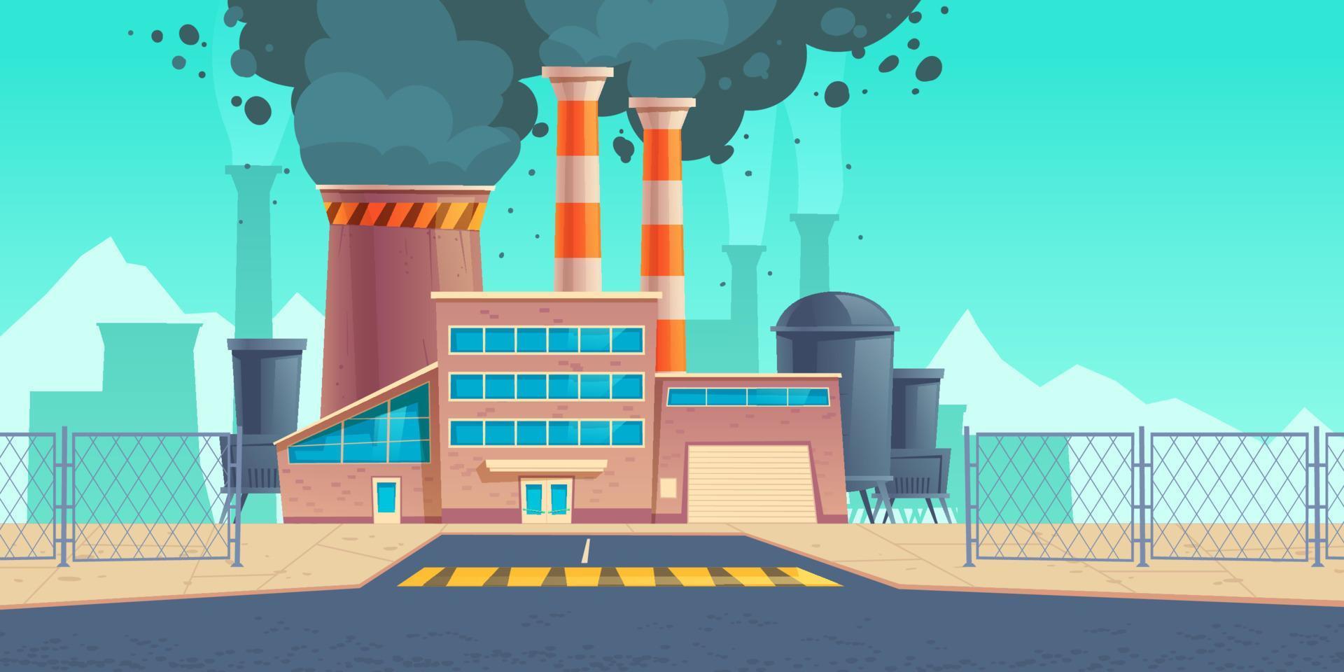 Factory building with black smoke from chimneys vector